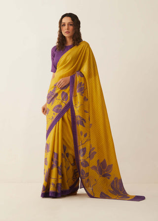 Shivani Bhargava-Mustard Purple Floral Silk Sari With Unstitched Blouse-INDIASPOPUP.COM