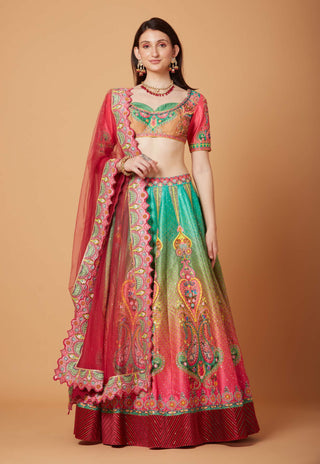 Siddhartha Bansal-Green Pink Ombre Embroidered Lehenga Set-INDIASPOPUP.COM