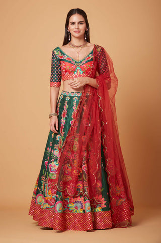 Siddhartha Bansal-Green Red Embroidered Lehenga Set-INDIASPOPUP.COM