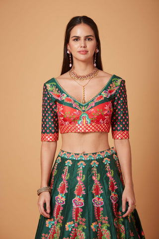 Siddhartha Bansal-Green Red Embroidered Lehenga Set-INDIASPOPUP.COM
