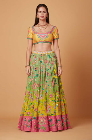 Siddhartha Bansal-Yellow Green Embroidered Lehenga Set-INDIASPOPUP.COM