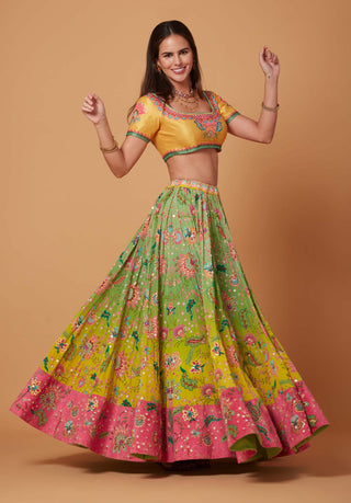 Siddhartha Bansal-Yellow Green Embroidered Lehenga Set-INDIASPOPUP.COM