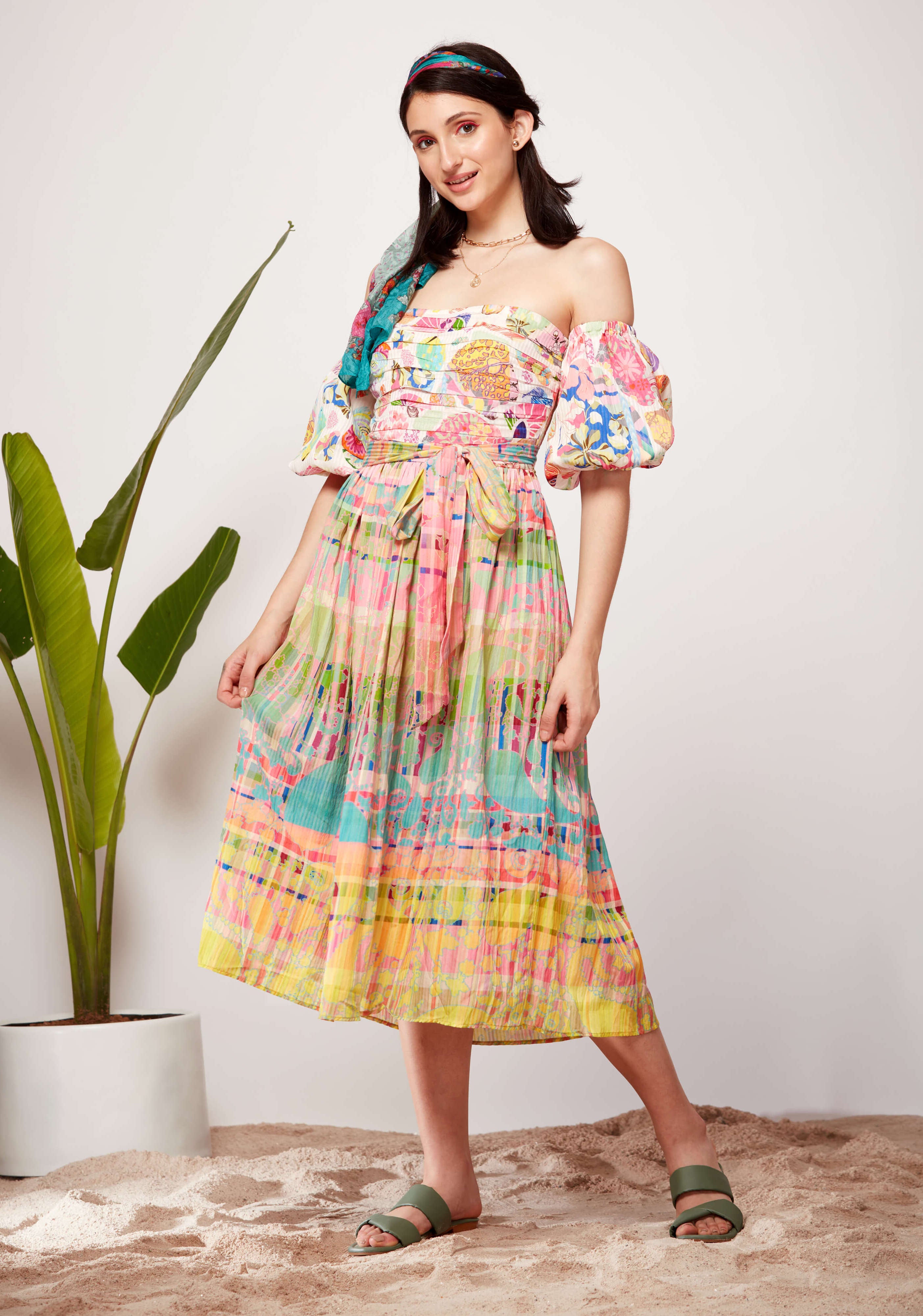 siddhartha bansal off-the-shoulder dress Siddhartha Bansal Aqua Geometric Print Off-Shoulder Dress