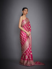 Ri.Ritu Kumar-Fuchsia Floral Saree With Unstitched Blouse-INDIASPOPUP.COM