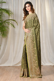 Ritu Kumar - Green Embroidered Paisley Saree - INDIASPOPUP.COM