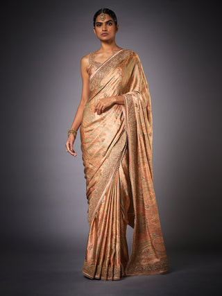 Ri.Ritu Kumar-Pink & Sage Green Embroidered Saree With Unstitched Blouse-INDIASPOPUP.COM