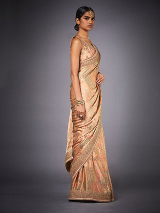 Ri.Ritu Kumar-Pink & Sage Green Embroidered Saree With Unstitched Blouse-INDIASPOPUP.COM