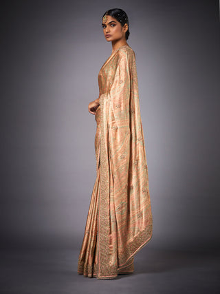 Ri.Ritu Kumar-Pink & Sage Green Embroidered Saree With Unstitched Blouse-INDIASPOPUP.COM