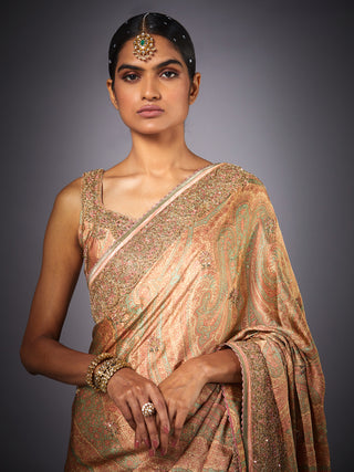 Ri.Ritu Kumar-Pink & Sage Green Embroidered Saree With Unstitched Blouse-INDIASPOPUP.COM