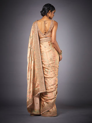 Ri.Ritu Kumar-Pink & Sage Green Embroidered Saree With Unstitched Blouse-INDIASPOPUP.COM