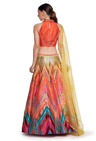 Siddhartha Bansal-Orange Embroidered Blouse With Multicolor Lehenga Set-INDIASPOPUP.COM