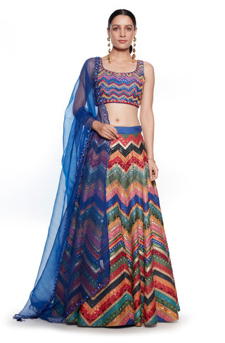 Siddhartha Bansal-Blue Embroidered Blouse With Multicolor Lehenga Set-INDIASPOPUP.COM