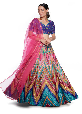 Siddhartha Bansal-Blue Embroidered Blouse With Multicolor Lehenga Set-INDIASPOPUP.COM
