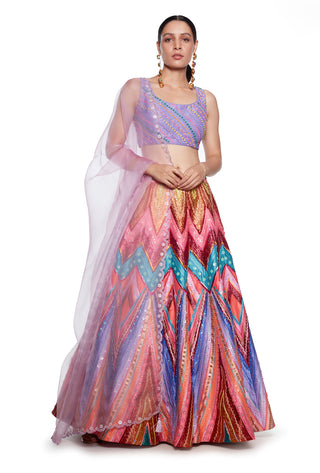 Siddhartha Bansal-Lilac Embroidered Blouse With Multicolor Lehenga Set-INDIASPOPUP.COM