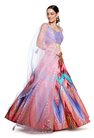 Siddhartha Bansal-Lilac Embroidered Blouse With Multicolor Lehenga Set-INDIASPOPUP.COM