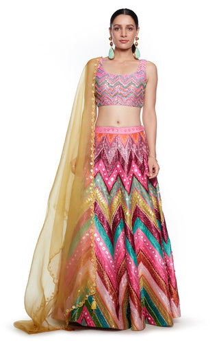 Siddhartha Bansal-Pink Embroidered Blouse With Multicolor Lehenga Set-INDIASPOPUP.COM