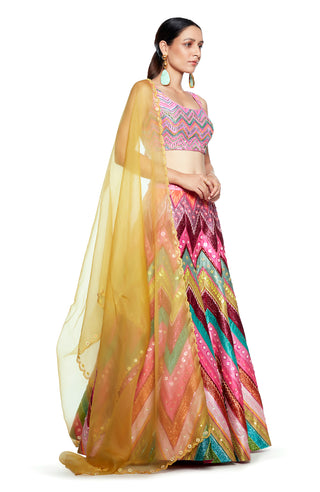 Siddhartha Bansal-Pink Embroidered Blouse With Multicolor Lehenga Set-INDIASPOPUP.COM