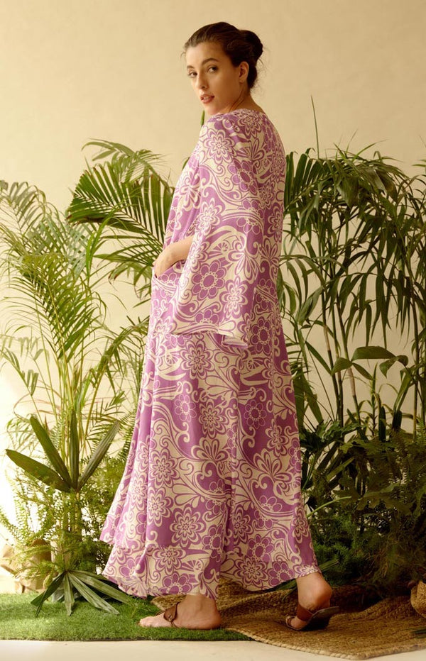 Be-Blu-Scarlett Purple Printed Top With Trouser And Long Jacket-INDIASPOPUP.COM