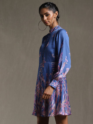 Ritu Kumar-Blue Botanical Print Short Dress-INDIASPOPUP.COM