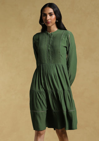 Ritu Kumar-Green Lace-Insert Short Dress-INDIASPOPUP.COM