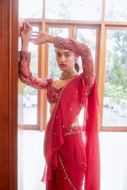Sanya Gulati-Fuchsia Pre-Stitched Ruffle Saree Set-INDIASPOPUP.COM