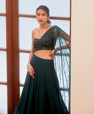 Sanya Gulati-Teal Green Embroidered Lehenga With Blouse-INDIASPOPUP.COM