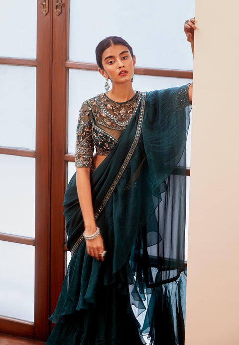 Sanya Gulati-Teal Green Mirrorwork Saree Set-INDIASPOPUP.COM