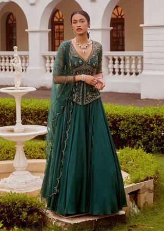 Sanya Gulati-Teal Green Embroidered Lehenga Set-INDIASPOPUP.COM