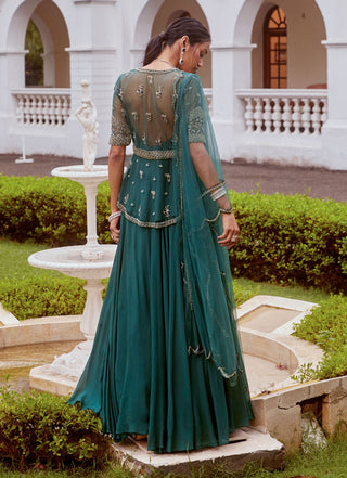 Sanya Gulati-Teal Green Embroidered Lehenga Set-INDIASPOPUP.COM