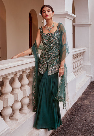 Sanya Gulati-Teal Green Embroidered Sharara Set-INDIASPOPUP.COM