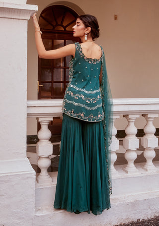 Sanya Gulati-Teal Green Embroidered Sharara Set-INDIASPOPUP.COM