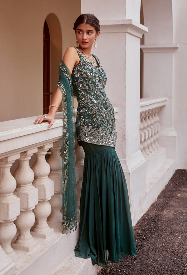 Sanya Gulati-Teal Green Embroidered Sharara Set-INDIASPOPUP.COM