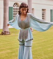 Sanya Gulati-Ice Blue Fringed Peplum With Sharara Pants-INDIASPOPUP.COM