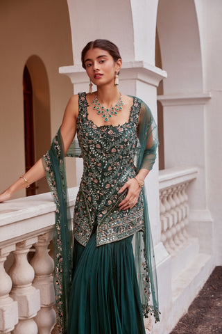 Sanya Gulati-Teal Green Embroidered Sharara Set-INDIASPOPUP.COM