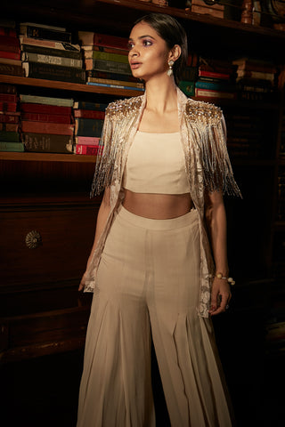 Sanya Gulati-Ivory Tasseled Jacket With Bustier And Palazzo-INDIASPOPUP.COM