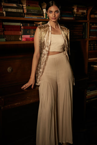 Sanya Gulati-Ivory Tasseled Jacket With Bustier And Palazzo-INDIASPOPUP.COM