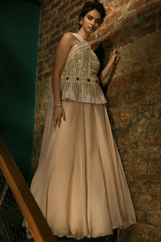 Sanya Gulati-Ivory Peplum Criss-Cross Top With Skirt-INDIASPOPUP.COM