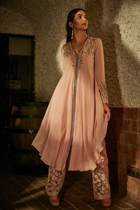 Sanya Gulati-Blush Pink A-Line Tunic With Pants-INDIASPOPUP.COM