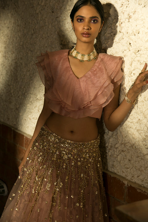 Sanya Gulati-Blush Pink Ruffle Top And Lehenga-INDIASPOPUP.COM