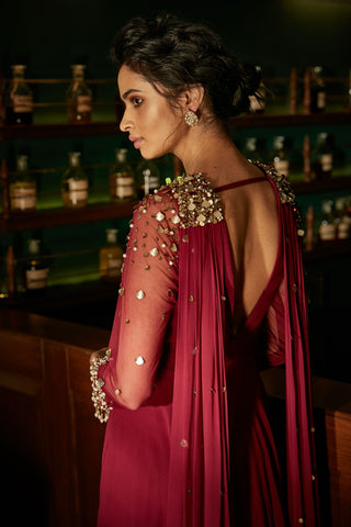 Sanya Gulati-Burgundy Gown With Attached Dupatta-INDIASPOPUP.COM
