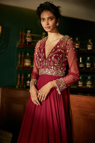 Sanya Gulati-Burgundy Gown With Attached Dupatta-INDIASPOPUP.COM