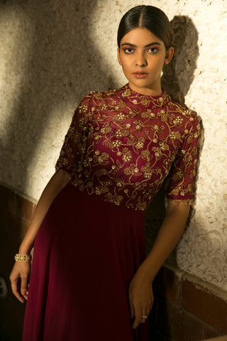 Sanya Gulati-Burgundy High Neck Gown-INDIASPOPUP.COM