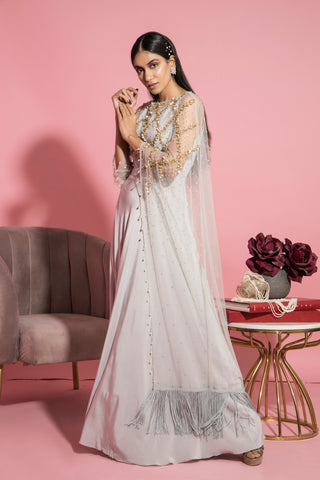 Sanya Gulati-Grey Gown With Asymmetrical Cape-INDIASPOPUP.COM