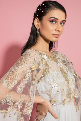 Sanya Gulati-Grey Embroidered Gown With Attached Sleeves-INDIASPOPUP.COM