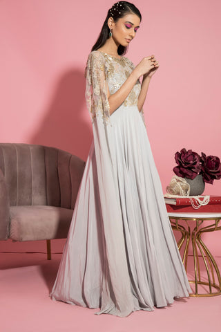 Sanya Gulati-Grey Embroidered Gown With Attached Sleeves-INDIASPOPUP.COM