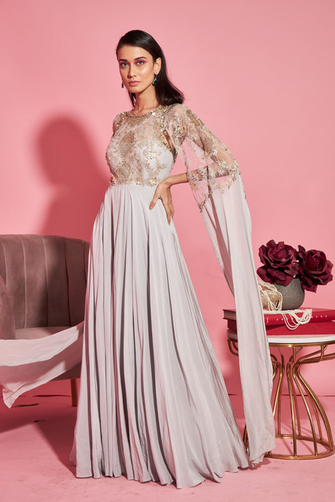 Sanya Gulati-Grey Embroidered Gown With Attached Sleeves-INDIASPOPUP.COM