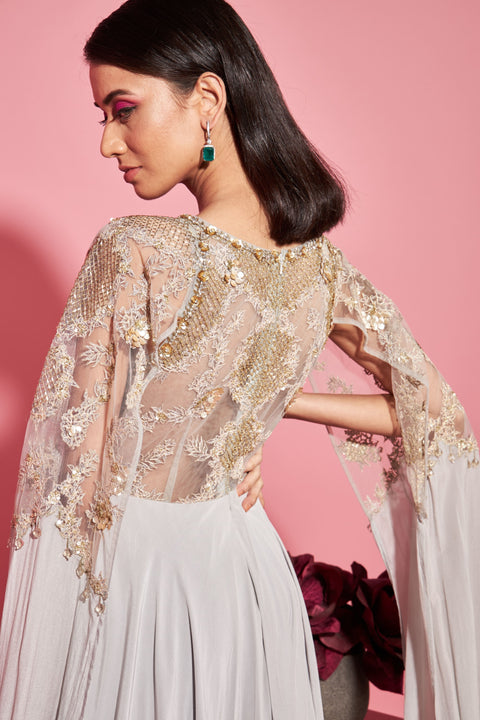 Sanya Gulati-Grey Embroidered Gown With Attached Sleeves-INDIASPOPUP.COM