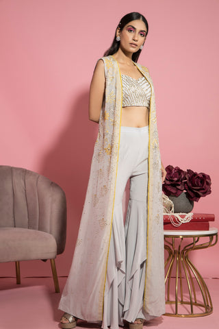 Sanya Gulati-Grey Bustier Cape And Flared Pants Set-INDIASPOPUP.COM