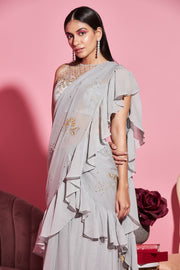 Sanya Gulati-Grey Embroidered Ruffle Saree Set-INDIASPOPUP.COM
