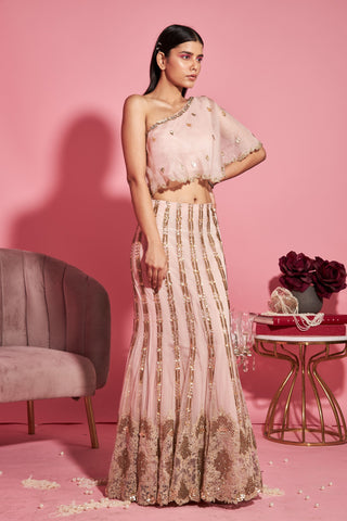 Sanya Gulati-Nude Pink Mermaid Lehenga With One Shoulder Cape Top-INDIASPOPUP.COM